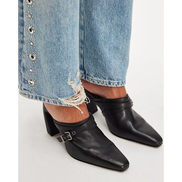 FREE PEOPLE Date Night Heeled Mules / Black Leather - Picture 2 of 13